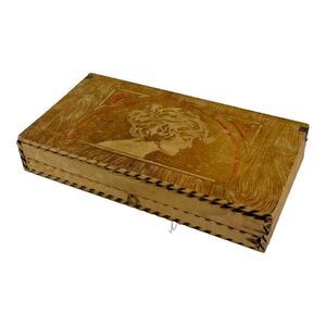 Antique Art Nouveau Pyrography Box Mother Daughter Carved Vanity Handkerchief